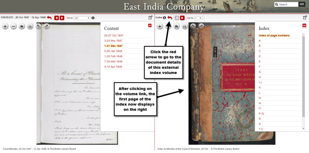 Split-screen image viewer. Browse the index in the right-hand pane as usual. Click the red arrow at the top of that pane to return to document details for the external index volume.