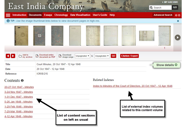 Document Details page for a volume with an external index. Browse the contents of the volume using the list on the left, and select from the right-hand list which related index to compare with.